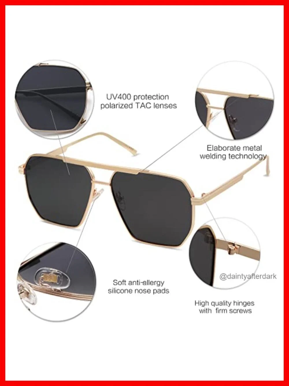 Retro Oversized Square Polarized Sunglasses Metal Frame UV Protection